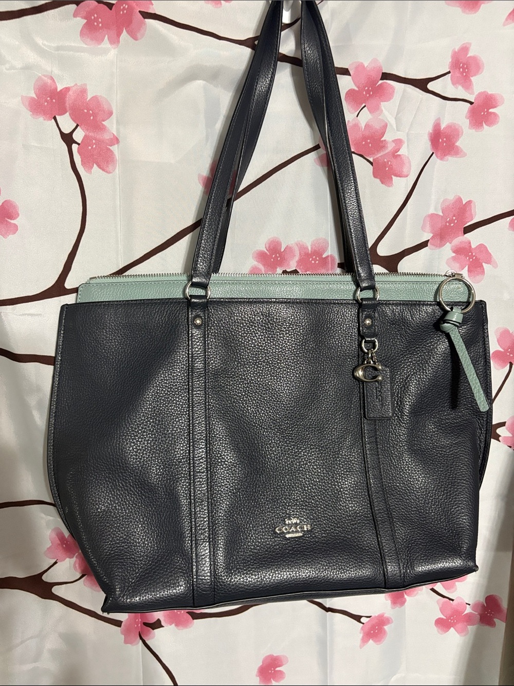 Coach Black Leather Tote with Mint Trim